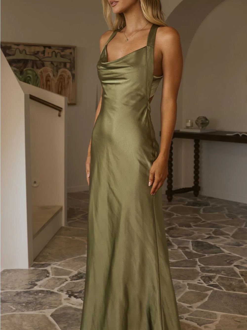 Olive Green Satin Maxi Dress with Twist Back - Picture 3 of 4